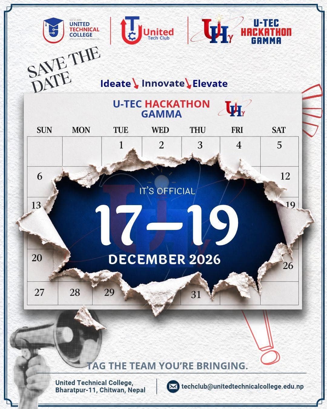 Three days. Endless ideas. Limitless possibilities. U-TEC Hackathon Gamma is coming! Mark your calendars for December 17–19, 2026. Who's joining the journey?
